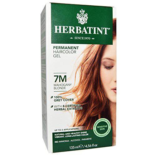 Herbatint Permanent Haircolor Gel, 7M Mahogany Blonde, Alcohol Free, Vegan, 100% Grey Coverage - 4.56 oz