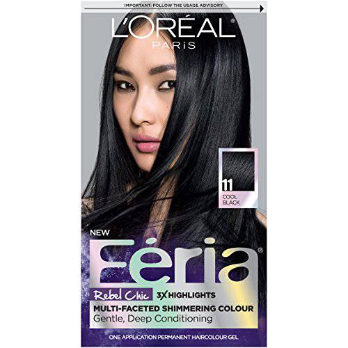 L’Oréal Paris Feria Multi-Faceted Shimmering Permanent Hair Color, 11 Black Fixation (Cool Black), 1 kit Hair Dye