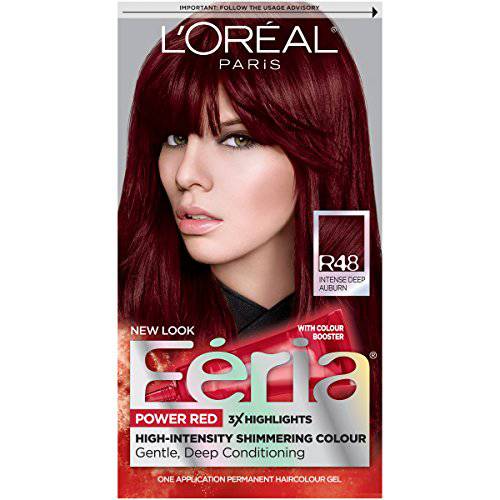 L’Oreal Paris Feria Multi-Faceted Shimmering Permanent Hair Color, R48 Red Velvet (Intense Deep Auburn), Pack of 1, Hair Dye