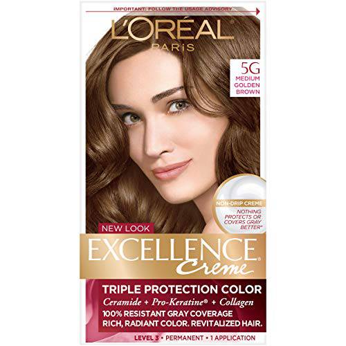 L’Oreal Paris Excellence Creme Permanent Hair Color, 5G Medium Golden Brown, 100% Gray Coverage Hair Dye, Pack of 1