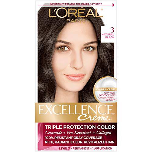 L’Oreal Paris Excellence Creme Permanent Triple Care Hair Color, 3 Natural Black, Gray Coverage For Up to 8 Weeks, All Hair Types, Pack of 1