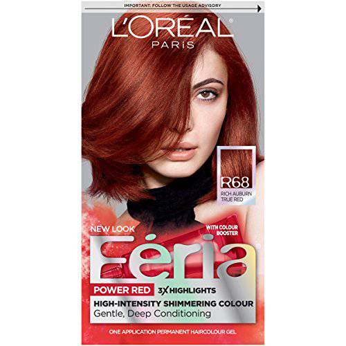 L’Oreal Paris Feria Multi-Faceted Shimmering Permanent Hair Color, R68 Ruby Rush (Rich Auburn True Red), Pack of 1, Hair Dye