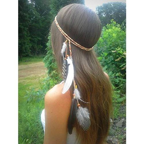Campsis Indian Peacock Feather Headbands Boho Princess Head Chain Bule Adjust Headdress Handmade Rope Hair Accessories for Women and Girls (H)