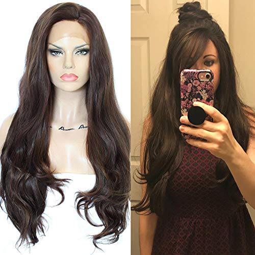 Anogol Hair Cap+Natural Wave Brown Synthetic Lace Front Wig Long Women’s Wigs Brown Lace Front wig for Women (Brown)