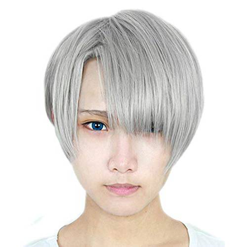 ANOGOL Hair Cap+Men’s Wig Hair Straight Short Gray Cosplay Wigs With Bangs For Costume Halloween Party