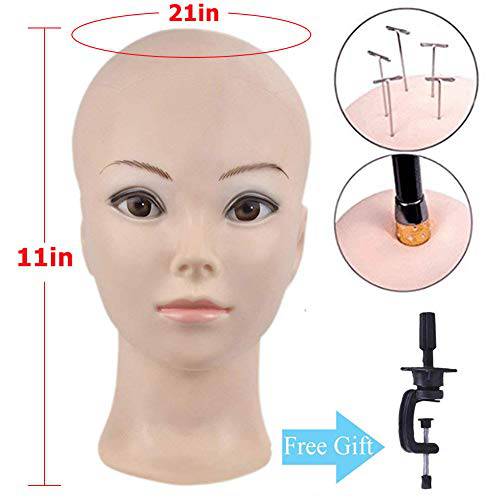 Ba Sha Bald Mannequin Head Beige Female Professional Cosmetology Manikin Doll head for Wigs Making Wig Display Hat Display Glasses Display with Free Clamp