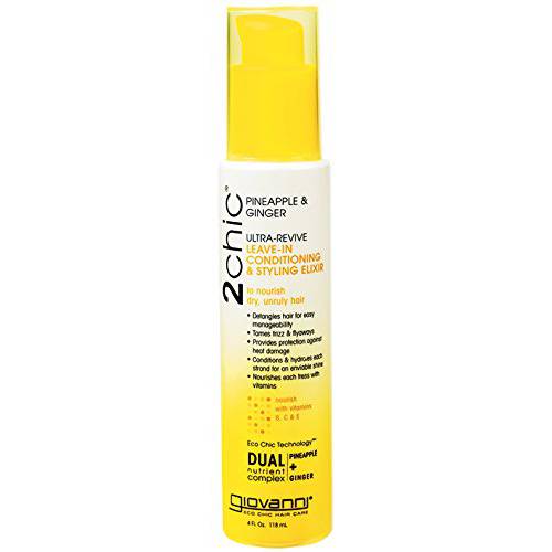GIOVANNI 2chic Ultra-Revive Leave-In Conditioning Styling Elixir, 4 oz. - Pineapple & Ginger to Moisturize Dry Hair, Coconut, Guava, Aloe Vera, Lauryl & Laureth Sulfate Free, No Parabens, Color Safe