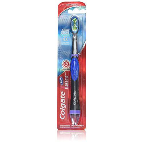 Colgate 360 Sonic Battery Power Electric Toothbrush with Floss-Tip Bristles & Tongue and Cheek Cleaner, Soft - 1 Count, Color May Vary