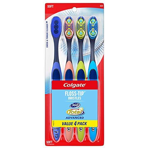 Colgate 360 Advanced Floss Tip Toothbrush, Soft Toothbrush for Adults, 4 Pack