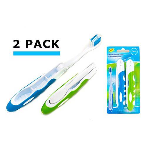 Lingito Travel Toothbrush, Folding with Built in Cover, Hiking, Camping, Emergency , Packable, collapsable, Foldable, Pocket Medium Bristle Brushes (2 Pack) (Blue-Green)