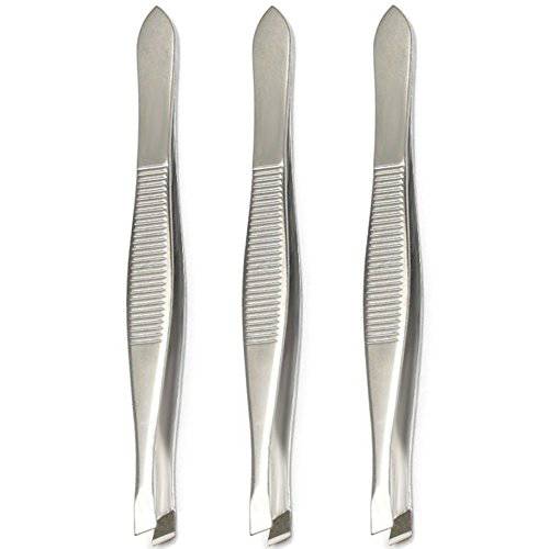 LUXXII (3 Pack) Slant Tweezers - Precision Stainless Steel Slant Tip Tweezers Hair Plucker for Hair and Eyebrows Personal Care (Silver Tone)