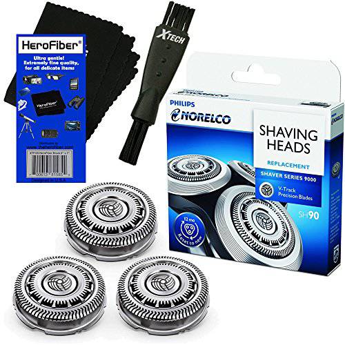 Philips Norelco SH90 Replacement Head for Series 8000 S8950 & Series 9000 S9311, S9321, S9511, S9531 & S9721 Electric Shavers + Double Ended Shaver Brush + HeroFiber Ultra Gentle Cleaning Cloth