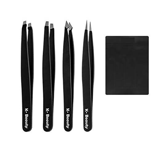 Tweezers Set - Andlane 4 Pack Stainless Steel Precision Tweezers for Eyebrows, Facial Hair, Ingrown Hair, Splinters and More (Slant, Pointed, Flat and Point Slant with Case)