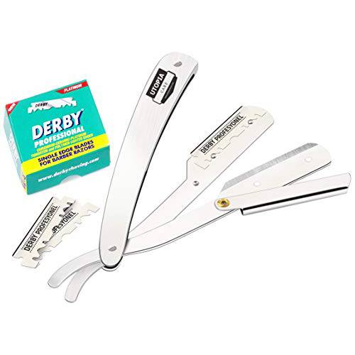Professional Barber Straight Edge Razor Safety with 100 Derby Blades - Salon Quality Smooth Shave - 100 Percent Stainless Steel - Replacement Blades Extend Life of Shaver - by Utopia Care