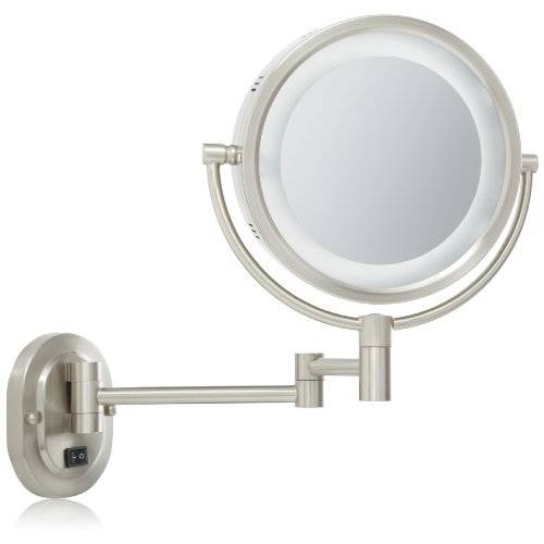 Jerdon Two-Sided Wall-Mounted Makeup Mirror with Halo Lighting - Lighted Makeup Mirror with 5X Magnification & Wall-Mount Arm - Round Mirror with Nickel Finish Wall Mount - Direct Wire - Model HL65ND