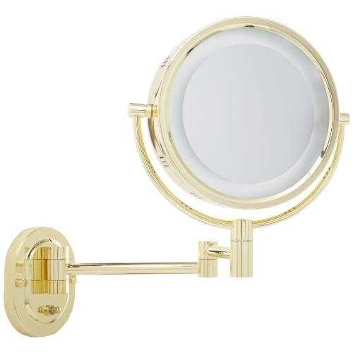 Jerdon Two-Sided Wall-Mounted Makeup Mirror with Halo Lighting - Lighted Makeup Mirror with 5X Magnification & Wall-Mount Arm - Round Mirror with Brass Finish Wall Mount - Model HL65G