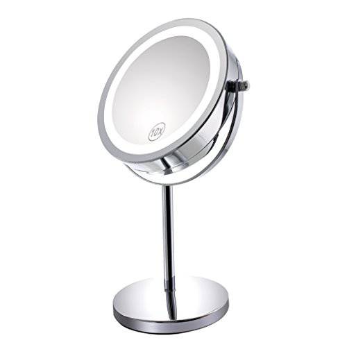Gospire 1X/10x Magnified Lighted Makeup Mirror Double Sided Round Magnifying Mirror Standing 360 Degree Swivel Vanity Mirror Battery Operated 7 Inch Diameter Shaving Bathroom Mirror