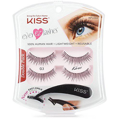 KISS Ever EZ Lashes Double Pack No. 03, Reusable Natural Eyelash Starter Kit, Includes Easy-Angle Applicator and 2 Pairs Human Hair False Eyelashes