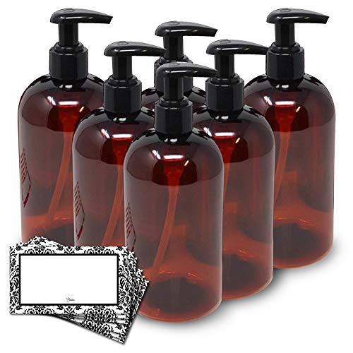 Baire Bottles 16 oz Empty Refillable Plastic Pump Bottles Dispenser for Thick Products 6 Pk BPA Free Refillable Shampoo Lotion Soap Waterproof Labels USA (Clear with White Lotion Pump, Damask Labels)