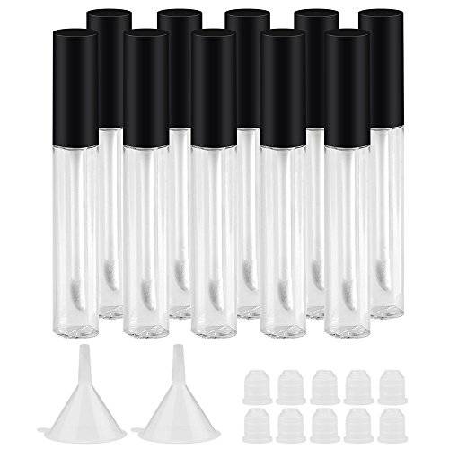 GTHER 10PCS 10ML Empty Lip Gloss Containers Tube with Wand, Refillable Lip Balm Bottles, Lipstick Sample Container and Funnel and Rubber Stoppers for Girls DIY Lip Samples, Black Top