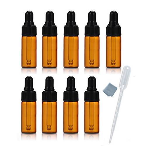 Simple-e 10pcs 5ml 1/6oz Amber Mini Glass Bottle Amber Sample Vial Small Essential Oil Bottle with Glass Eye Dropper + 1pc Glass Clean Cloth + 1pc 3ml Dropper (10)