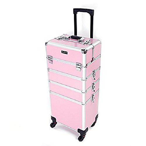 4 in 1 Rolling Makeup Train Case, Aluminum Makeup Travel Organizer Cosmetic Case, Cosmetology Display Suitcase on Wheels, Beauty Storage Luggage Lockable w/4 Removable Wheels (Pink)