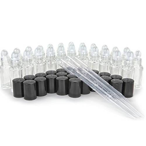 24, Clear, Mini (Approx. 4 ml, 1/8 fl. oz) Glass Roll on Bottles, with 3-3 ml Droppers