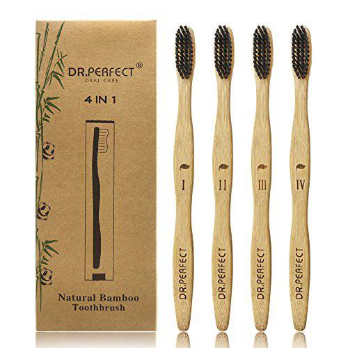 DR.PERFECT Bamboo Toothbrush with Medium Soft Natural Bristles Biodegradable Toothbrush for Teeth Whitening Pack of 4