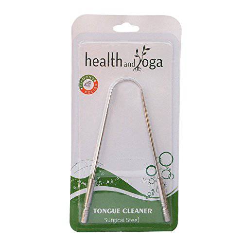 HealthAndYoga(TM) Tongue Cleaner Scraper - Hygienic Seal-Pack – Surgical Grade Stainless Steel, Non-Synthetic Grip – Sterilizable Tongue Brush Cleaner (with Organic Storage Bag)