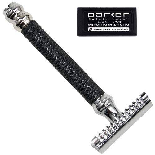 Parker 26C –Black Handle Three Piece Open Comb Double Edge Safety Razor & 5 Premium Platinum Double Edge Razor Blades