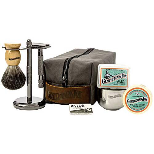 Gentleman Jon Deluxe Wet Shave Kit | Includes 8 Items: Safety Razor, Badger Hair Brush, Shave Stand, Canvas & Leather Dopp Kit, Alum Block, Shave Soap, Stainless Steel Bowl and Five Razor Blades