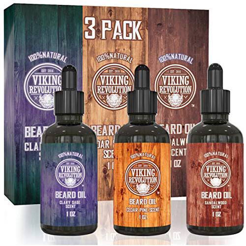 Beard Oil Conditioner 3 Pack - All Natural Variety Gift Set - Sandalwood, Pine & Cedar, Clary Sage Conditioning and Moisturizing for a Healthy Beards, Great Gift Item by Viking Revolution