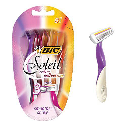 BIC Soleil Color Collection Disposable Razors for Women, 8-Count, 3 Blades - Premium Shaving Razor Set with Aloe Vera and Vitamin E Lubricating Strip - Luxurious Personal Care Products