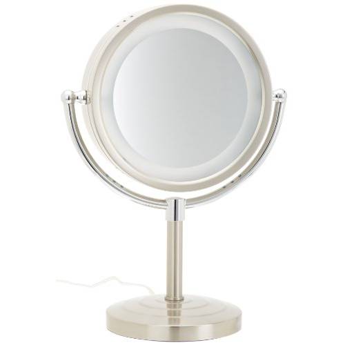 Jerdon Lighted Tabletop Makeup Mirror - Halo Lighted Makeup Mirror with 1X and 5X Magnification in Nickel Finish - 8.5-Inch Diameter Vanity Mirror - Model HL745NC