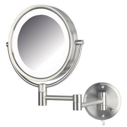 Jerdon Two-Sided Wall-Mounted Makeup Mirror with Lights - Lighted Makeup Mirror with 8X Magnification & Wall-Mount Arm - 8.5-inch Diameter Mirror with Nickel Finish Wall Mount - Model HL88NL