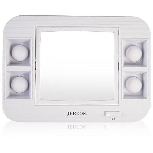 Jerdon Two-Sided Makeup Mirror with Lights - Vanity Mirror with 5X Magnification & Glare-Free Lighting - White Base - Model J1015