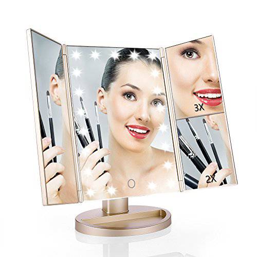 EASEHOLD Lighted Makeup Mirror Tri-Fold Dimmable 21 LED Lights Vanity Mirror 2X 3X Magnifying 180 Degree Adjustable with Touch Screen Dual Power Supply Countertop Cosmetic Mirror