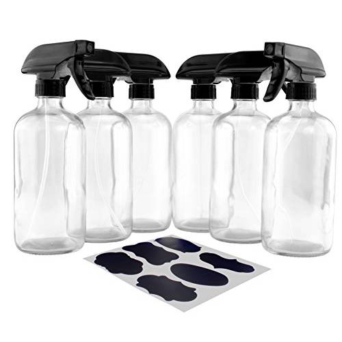 Cornucopia Brands 16-Ounce Clear Glass Spray Bottles w/ Heavy Duty Sprayers (6-Pack) 3-Setting Spray Tops w/ Boston Round Bottles & Chalk Labels