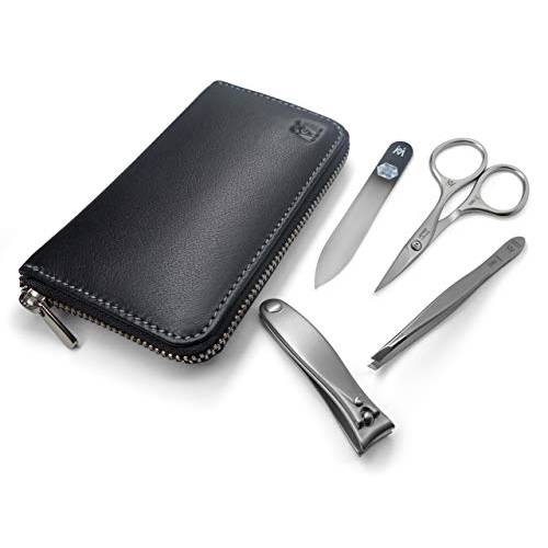 GERMANIKURE 4pc Travel Manicure Set - FINOX Stainless steel tools handmade in Solingen Germany: Nail clipper, Cuticle scissor, Tweezer, Glass Nail file in Leather Case