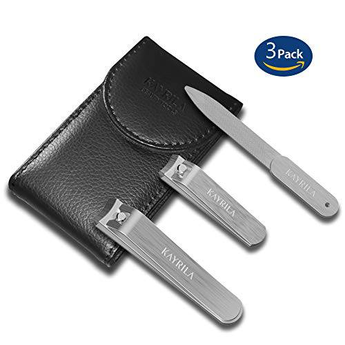 Nail Clippers Set-KAYRILA Professional Fingernails Toenails Cutter and Nail File Sharp Nail Cutter 3 in 1 with Premium Black Leather Case