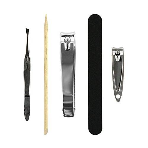 5 Piece Manicure Pedicure Set - Includes Bamboo Sticks, Emery Board, Stainless Steel Nail and Toe Clippers, Cuticle Remover