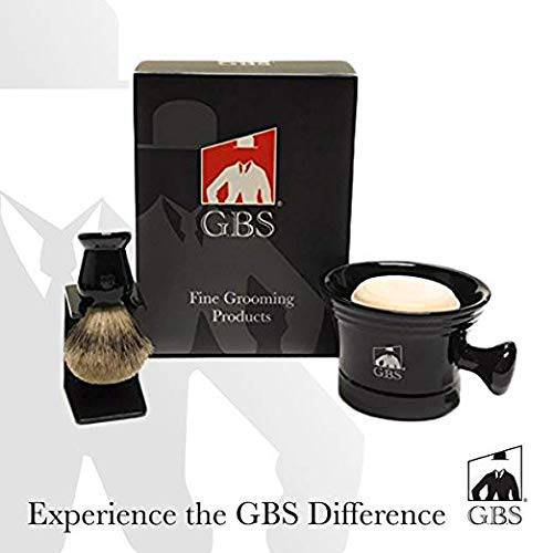G.B.S Stylish Grooming Shaving Set- For Wet Shaving Boxed-Ceramic Black Shaving Soap Bowl/Mug with Knob Handle, Shaving Brush + Stand and Natural Shave Soap– Set for Men