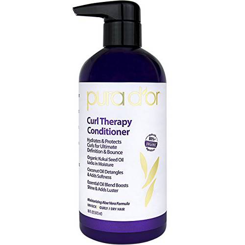 PURA D’OR Curl Therapy Conditioner (16oz) for Curly, Wavy or Frizzy Hair, Improves Shine, Definition & Bounce, Gentle Sulfate Free Formula Infused with Natural & Organic Ingredients for Men & Women