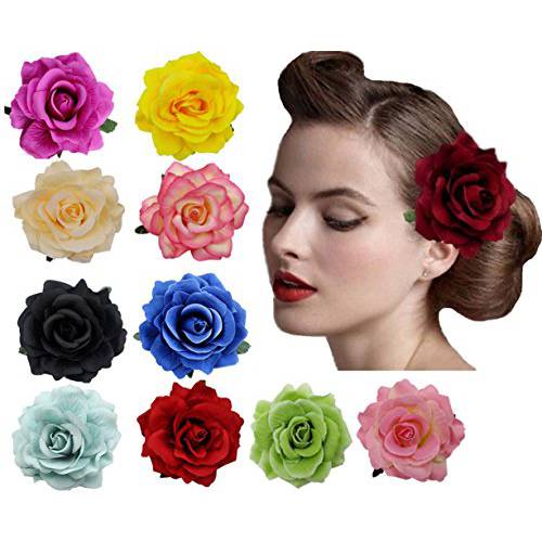 Amuhou Womens Rose Flower Hair Clip Flower Brooch for Bridal Headpiece,Flamenco Dancer 10-Pack (Mixed 10 Colors)