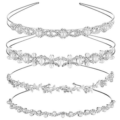 TecUnite 4 Pieces Wedding Party Crystal Flower and Leaves Crown Headband and Women’s Faux Pearl Rhinestones Headdress for Bride Bridesmaids (Style Set 2)