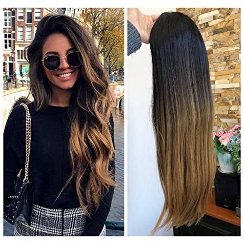 DevaLook Hair Extension 24 Thick Long Straight Wavy Clip in on Ombre Half Head Wig No Front Parting (24 Straight-Chocolate brown to dark blonde)