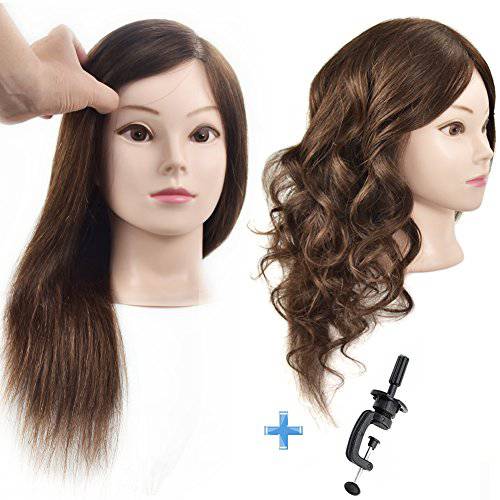 ErSiMan Professional Female Cosmetology Mannequin Head with Hair 100% Human Hair 18 Manikin Head for Perm Dye Brading Hair Hairdressing Training Head Doll Head with Table Clamp