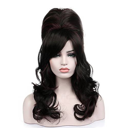 Kalyss Natural Black Beehive Wig Women’s Curly Wavy Long Heat Resistant Synthetic Hair Cosplay Costume Wigs (Natural Black)