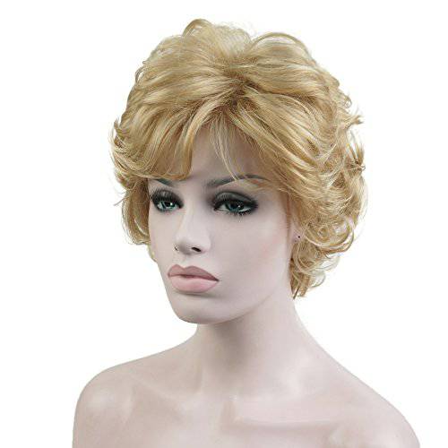 Lydell Women’s Short Wavy Curly Wig Synthetic Hair Full Wig Blonde Highlights 6 inches