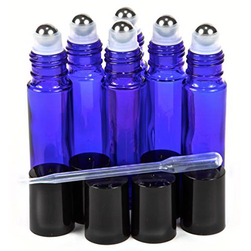 Vivaplex, 6, Cobalt Blue, 10 ml Glass Roll-on Bottles with Stainless Steel Roller Balls - .5 ml Dropper Included